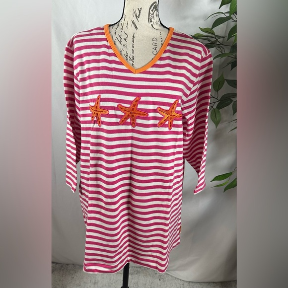 Quacker Factory Pink and White Striped Top with Orange Accents 🍓🌴☀️ - Picture 1 of 7